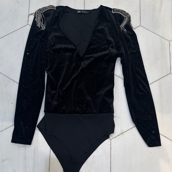 Zara Tops - Zara Black Velvet Bodysuit with Silver Details
